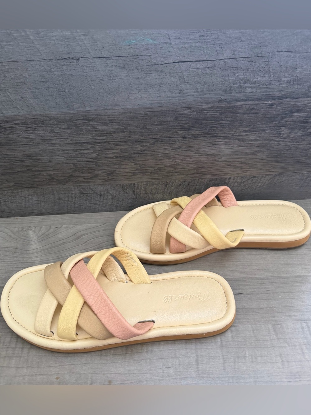 Madewell The Leeandra Slide Sandal Butter Scone Multi Woven Puff Straps Sz 9